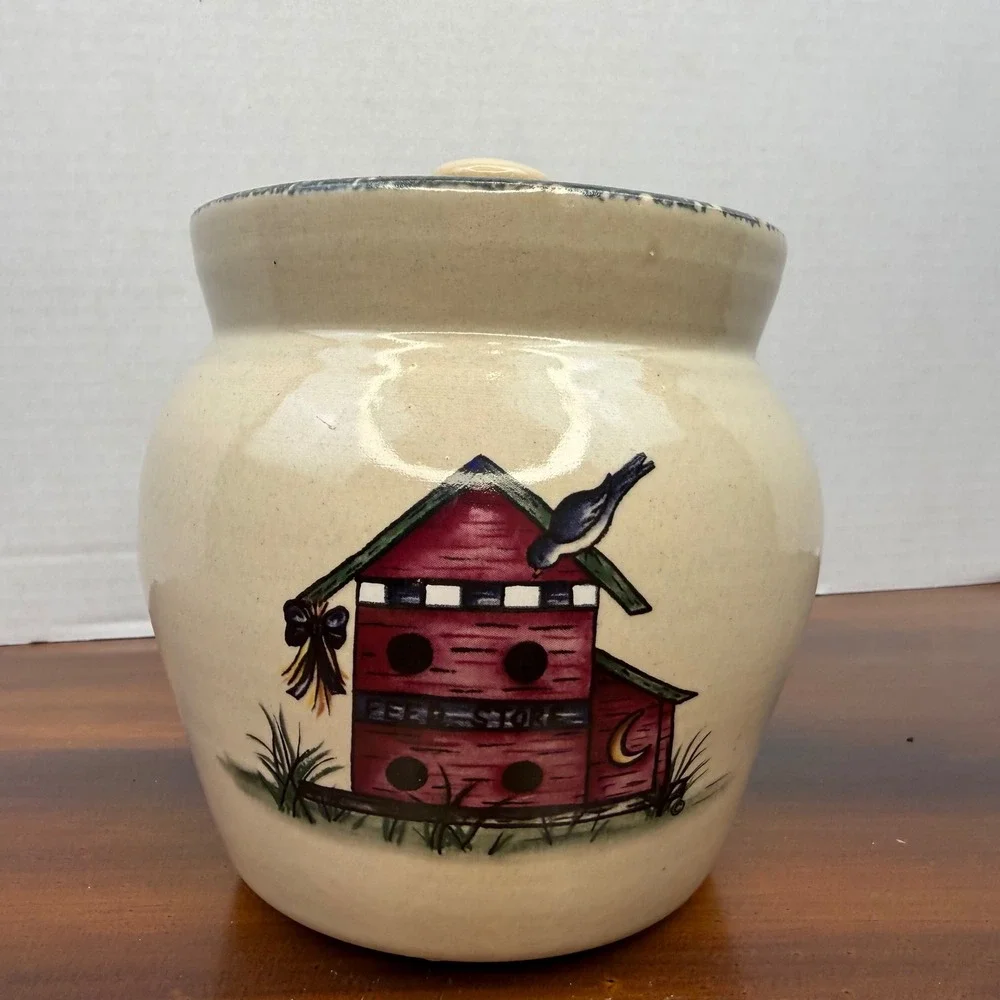 Home & Garden Party Birdhouse Canister Set 3pc Stoneware USA 2001 Vintage